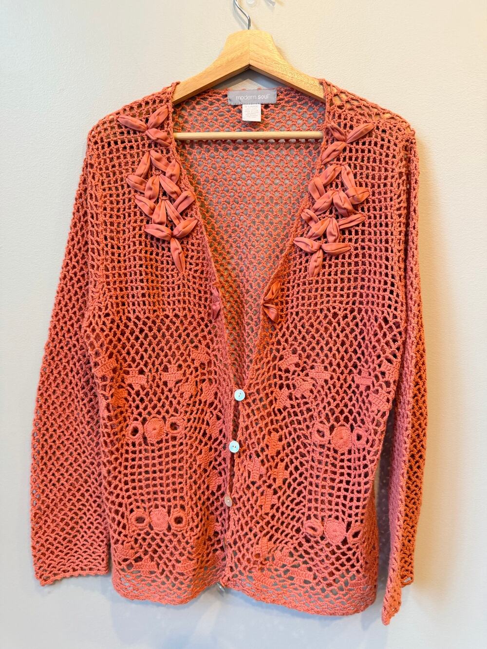Modern Soul Linen Cotton Crochet Cardigan Sweater Coral Pink XL Ribbon Floral